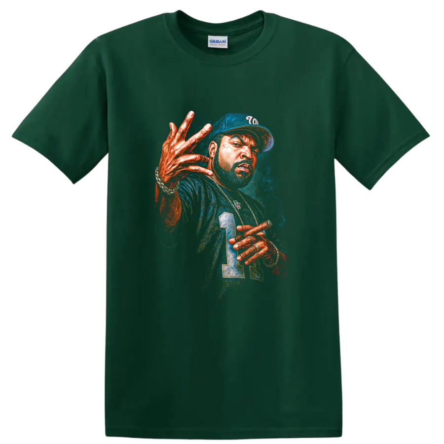 The Notorious B.I.G. Big Poppa ’23 colorful hip-hop portrait artwork on a Forest Green T Shirt
