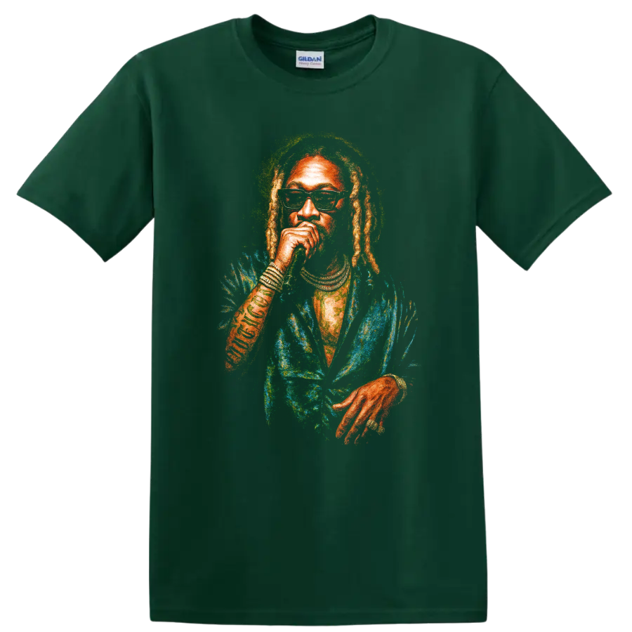 Colorful Don Carlos Black Uhuru reggae portrait graphic with dreadlocks on a Forest Green T Shirt
