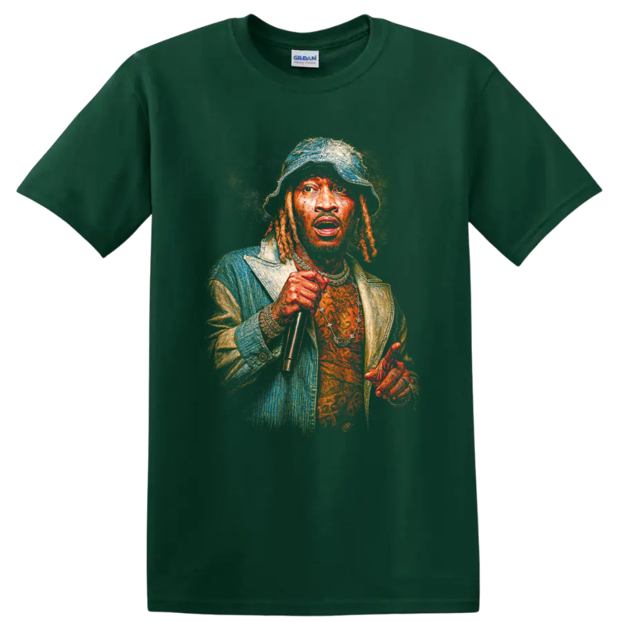 Shablizy King hip-hop album cover portrait with microphone and bucket hat on a Forest Green T Shirt