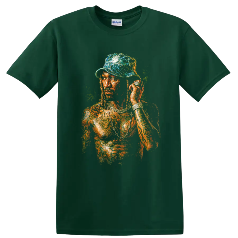 Future Monster mixtape portrait in vivid painted hip-hop artwork on a Forest Green T Shirt