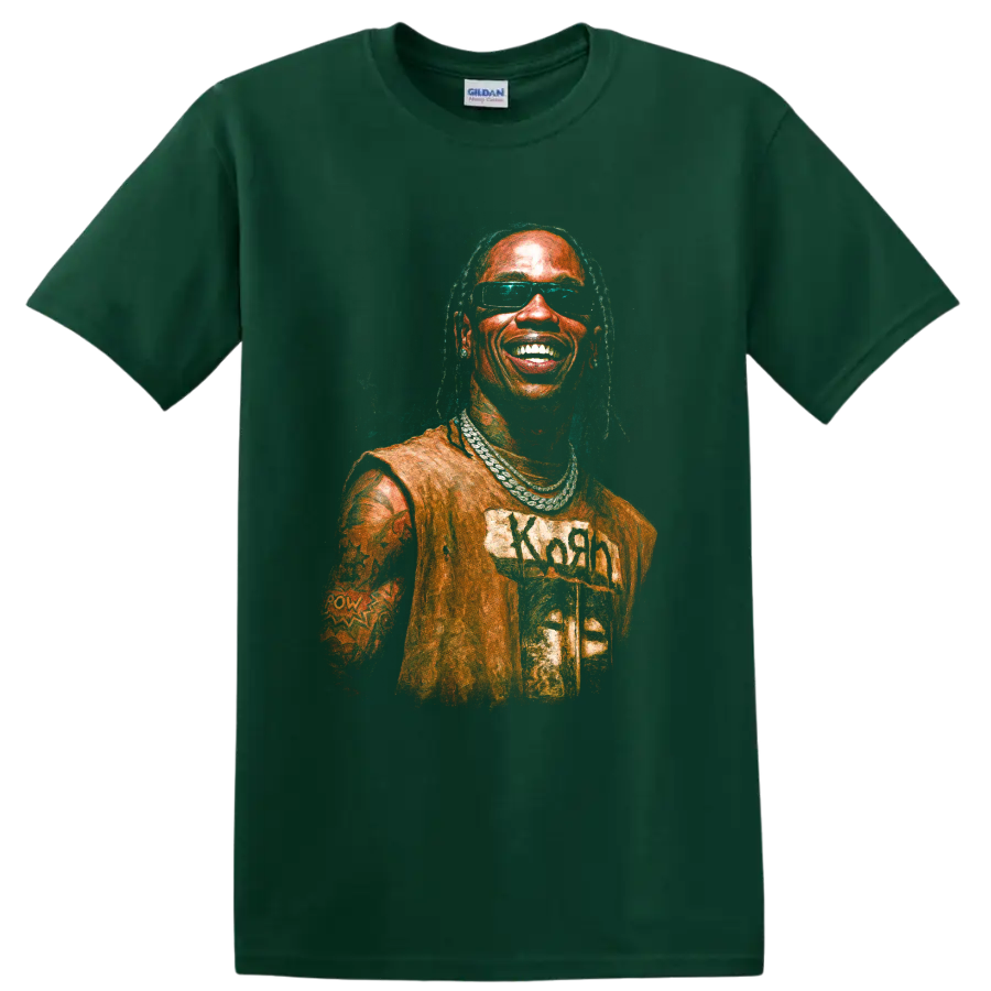 Stylized Travis Scott portrait with sunglasses and layered chains on a Forest Green T Shirt