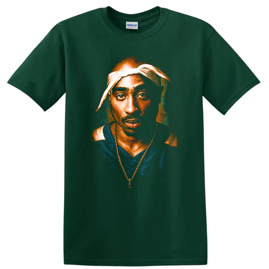 Tupac Shakur portrait artwork in bold painterly hip-hop style on a Forest Green T Shirt