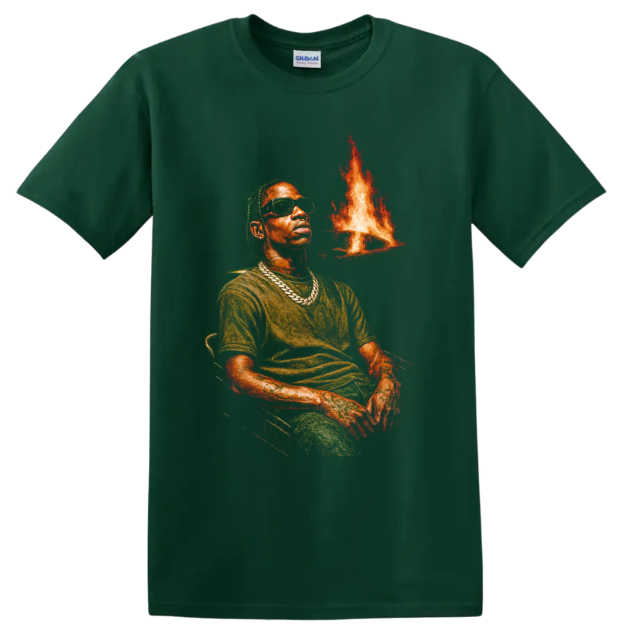 Travis Scott Utopia portrait graphic with sunglasses, chains, and flames on a Forest Green T Shirt