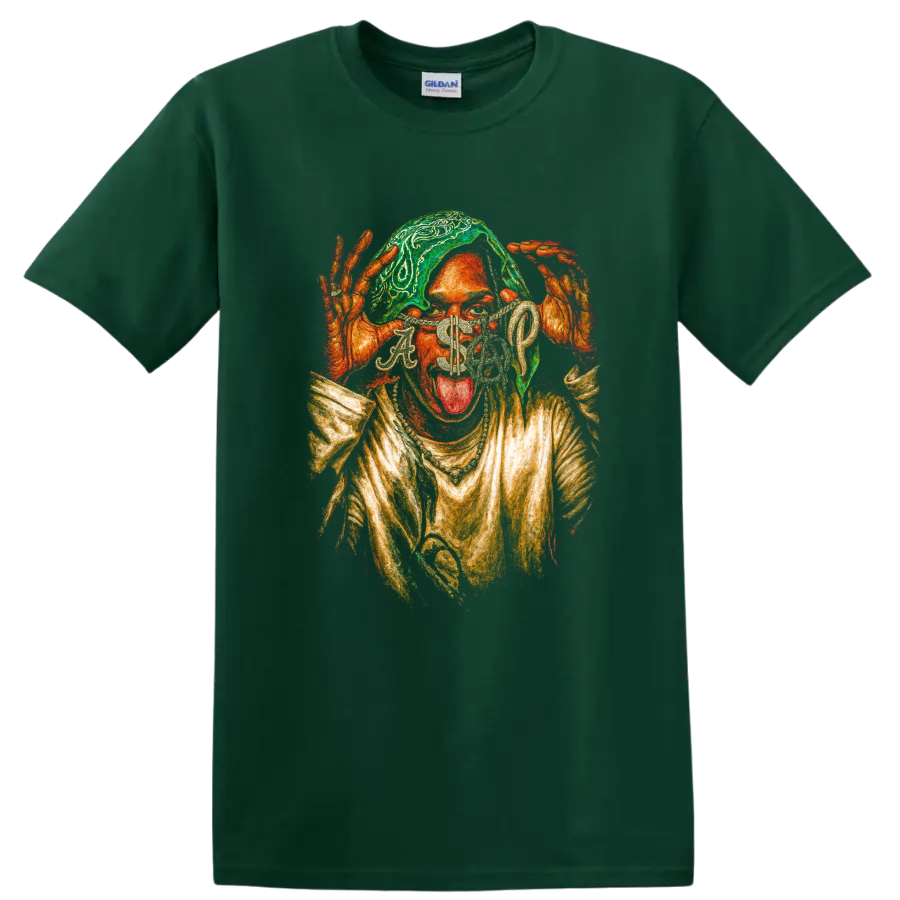 A$AP Rocky A$AP Mob psychedelic hip-hop portrait graphic on a Forest Green T Shirt