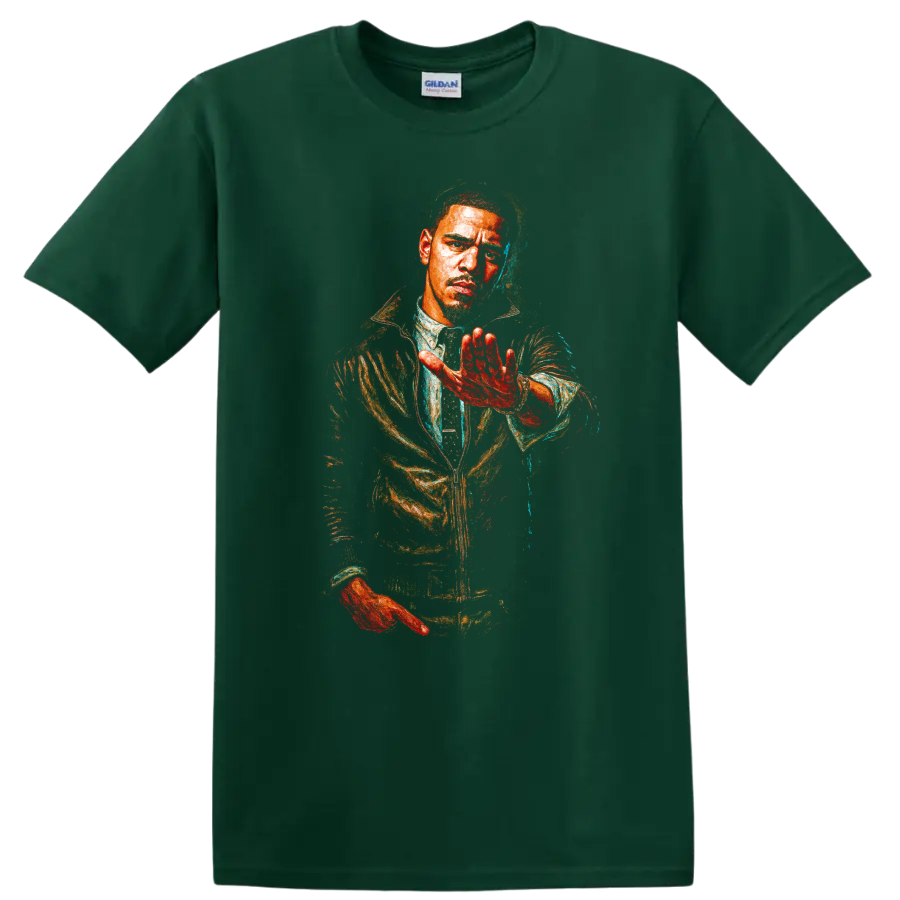 Common portrait in vivid distressed hip-hop graphic art on a Forest Green T Shirt