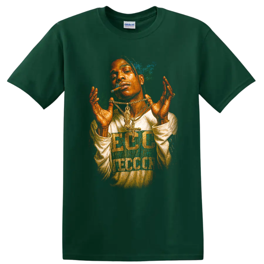 DaBaby colorful hip-hop fan art portrait with layered gold chains on a Forest Green T Shirt