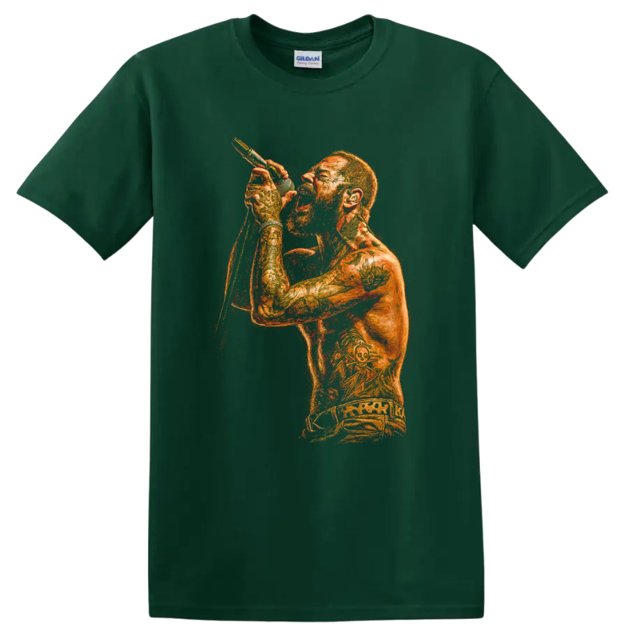 Post Malone live performance portrait with microphone in fiery orange art on a Forest Green T Shirt
