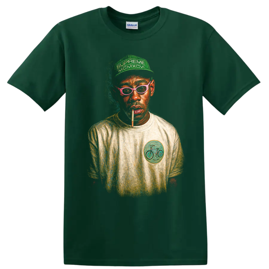 Tyler, the Creator stylized portrait with green cap and pink glasses on a Forest Green T Shirt