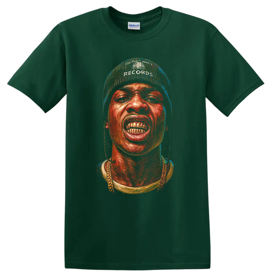 Travis Scott portrait graphic with gritty red and blue hip-hop artwork on a Forest Green T Shirt