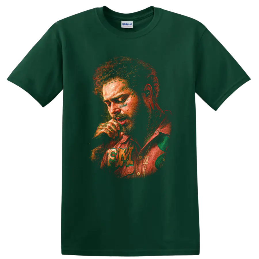 Boko Yout expressive red and green post-punk portrait graphic on a Forest Green T Shirt