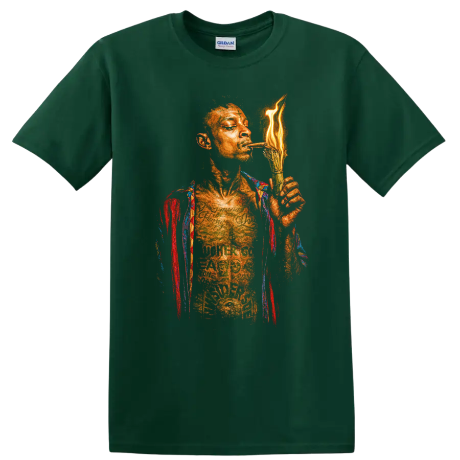 DaBaby hip-hop portrait with flame-inspired torch graphic on a Forest Green T Shirt
