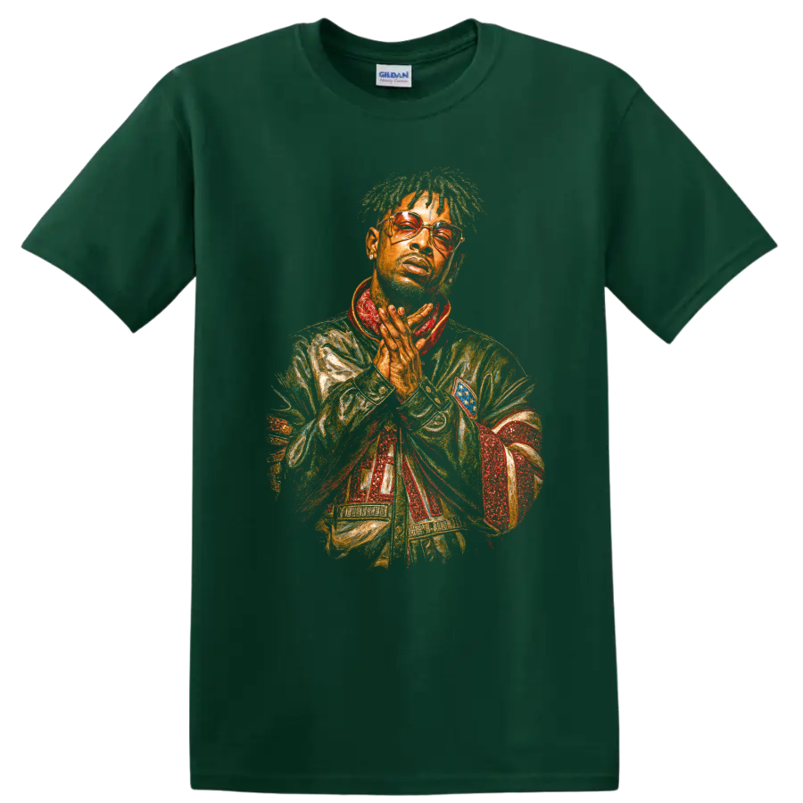 21 Savage stylized hip-hop portrait with tinted glasses and bold painted texture on a Forest Green T Shirt