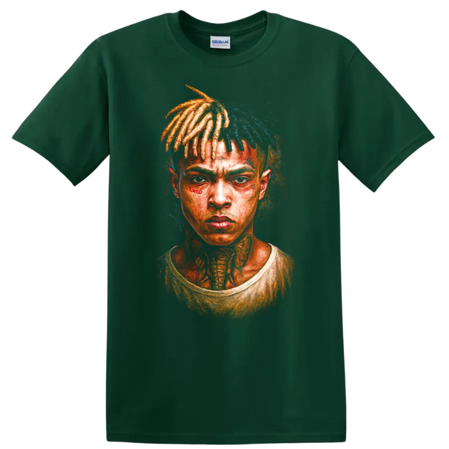 XXXTentacion portrait fan sketch with colorful dreadlocks on a Forest Green T Shirt