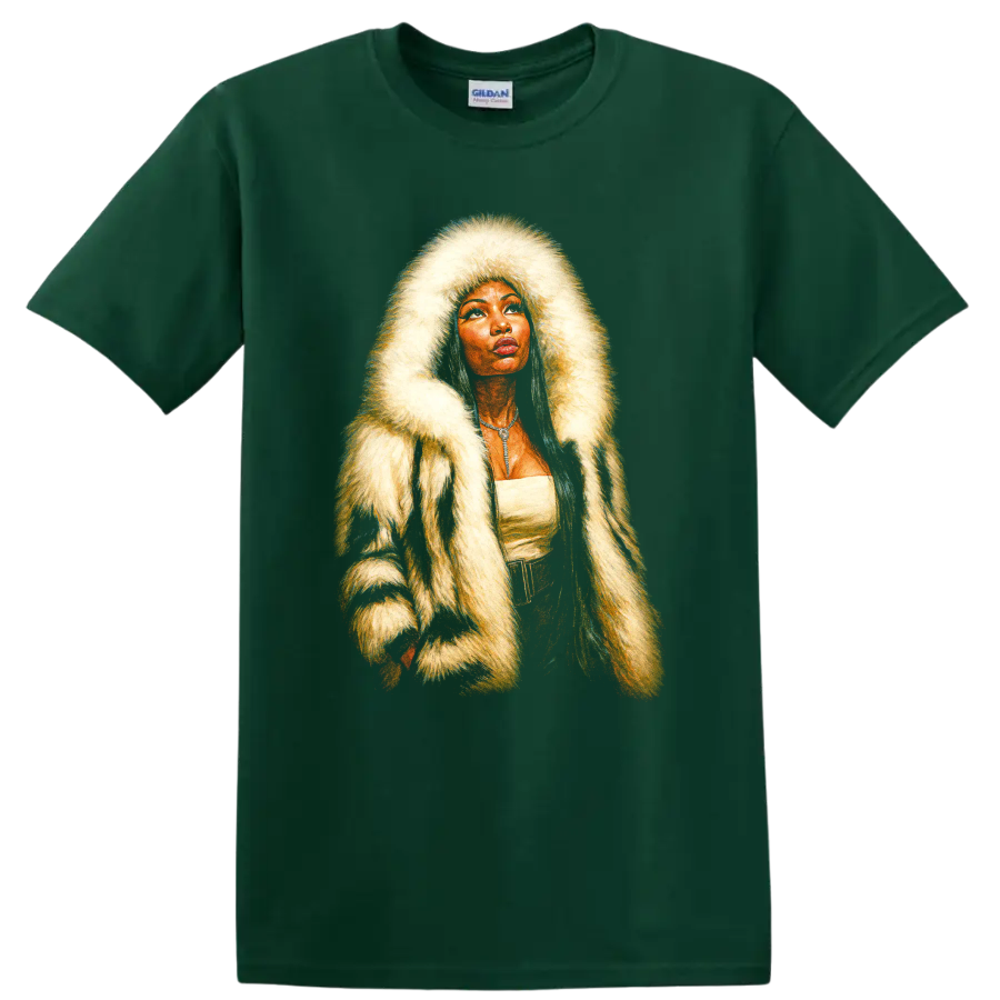 Nicki Minaj-inspired hip-hop portrait with dramatic fur hood on a Forest Green T Shirt