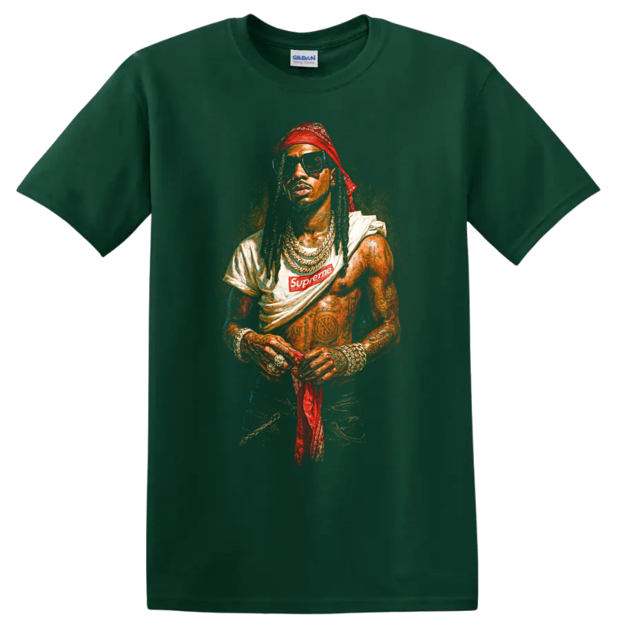Playboi Carti portrait with red headwear, jewelry, sunglasses, and Supreme logo on a Forest Green T Shirt