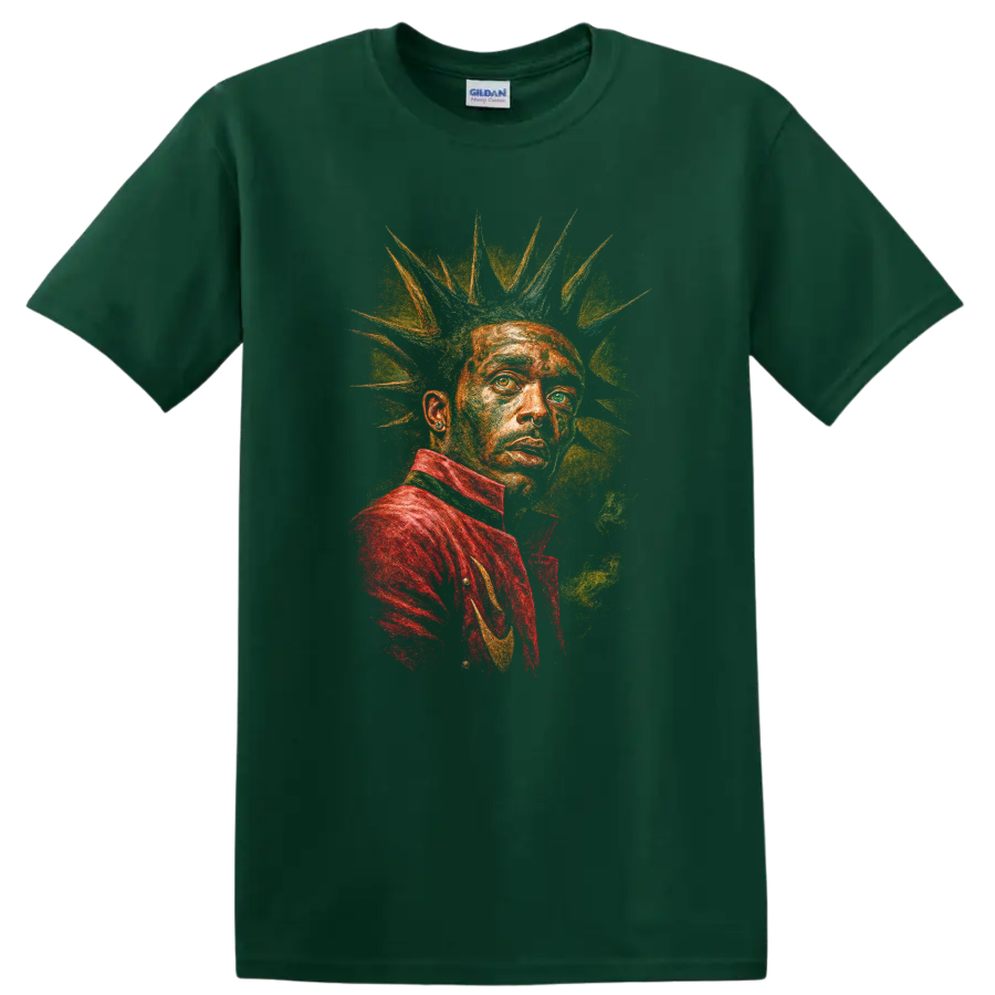Mikhail Gorshenev punk rock portrait with spiked hair and vivid colors on a Forest Green T Shirt