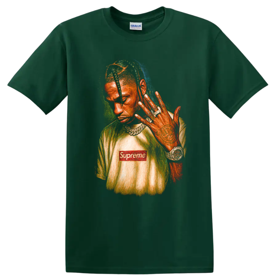 Travis Scott pop-art portrait with Supreme logo and colorful graphic style on a Forest Green T Shirt