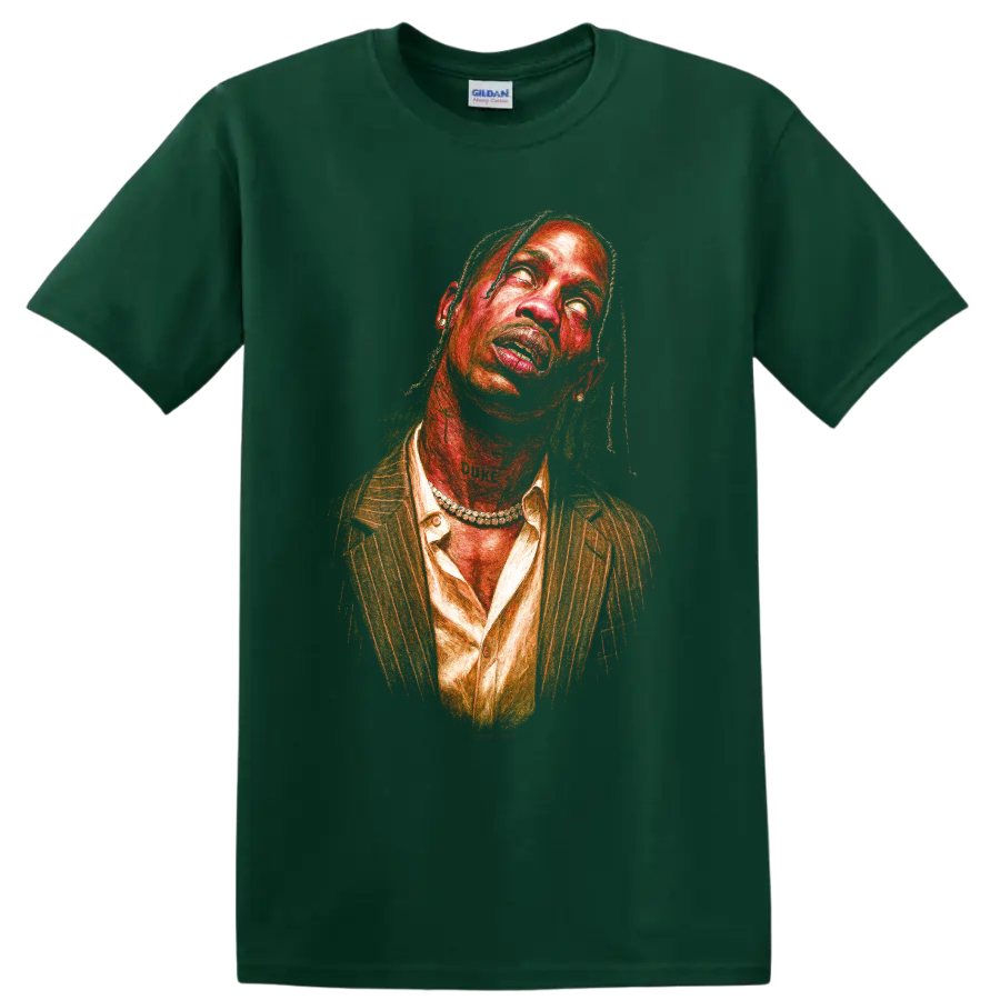 Travis Scott abstract portrait graphic art on a Forest Green T Shirt