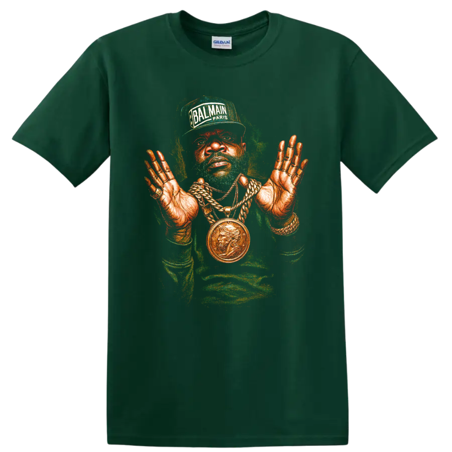 Rick Ross hip-hop portrait with Balmain Paris cap and gold chain artwork on a Forest Green T Shirt