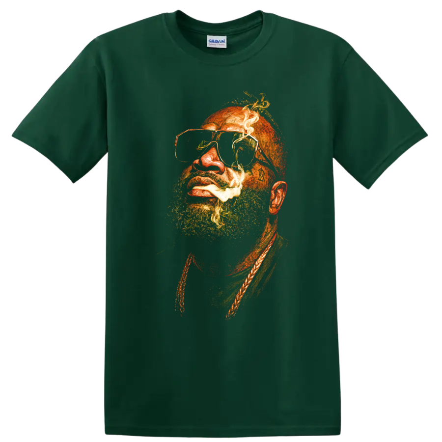 Rick Ross portrait artwork with beard and tinted glasses on a Forest Green T Shirt