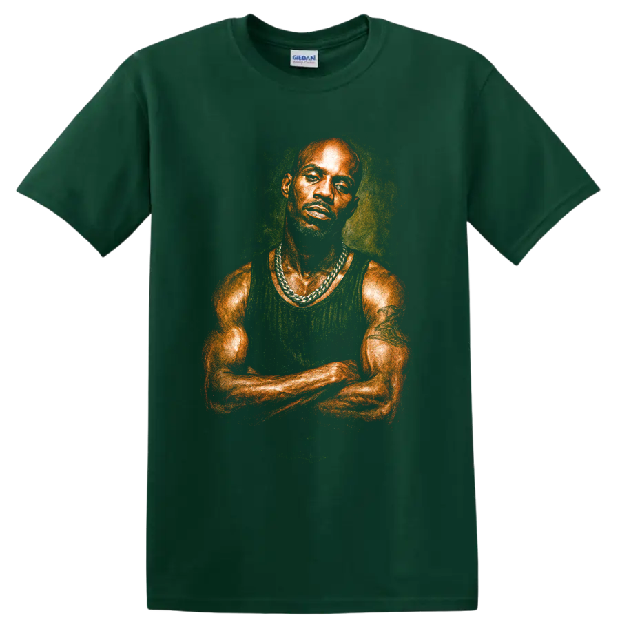 DMX pastel-style hip-hop portrait drawing with vivid colors on a Forest Green T Shirt