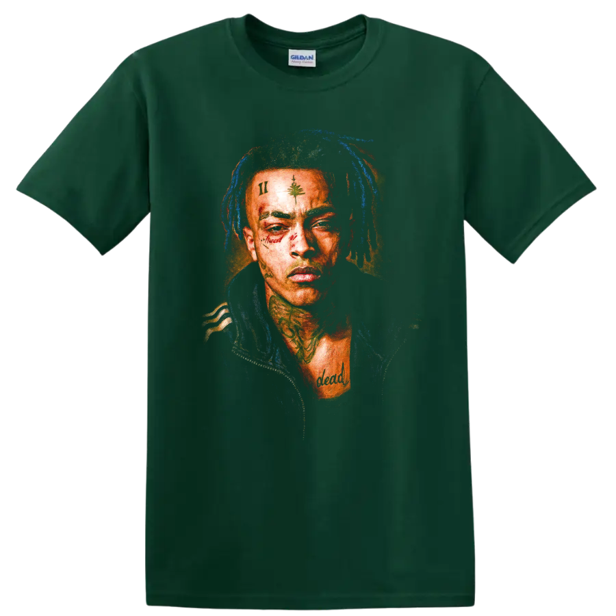 XXXTentacion fan portrait in a vivid, textured hip-hop graphic style on a Forest Green T Shirt