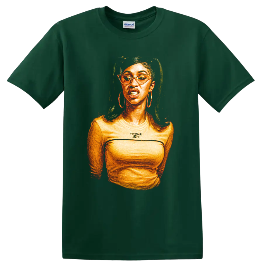 Cardi B stylized hip hop portrait with glasses and hoop earrings on a Forest Green T Shirt