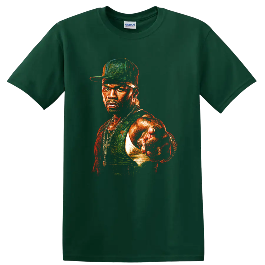 50 Cent portrait graphic with cap, jewelry, and forward-pointing pose on a Forest Green T Shirt