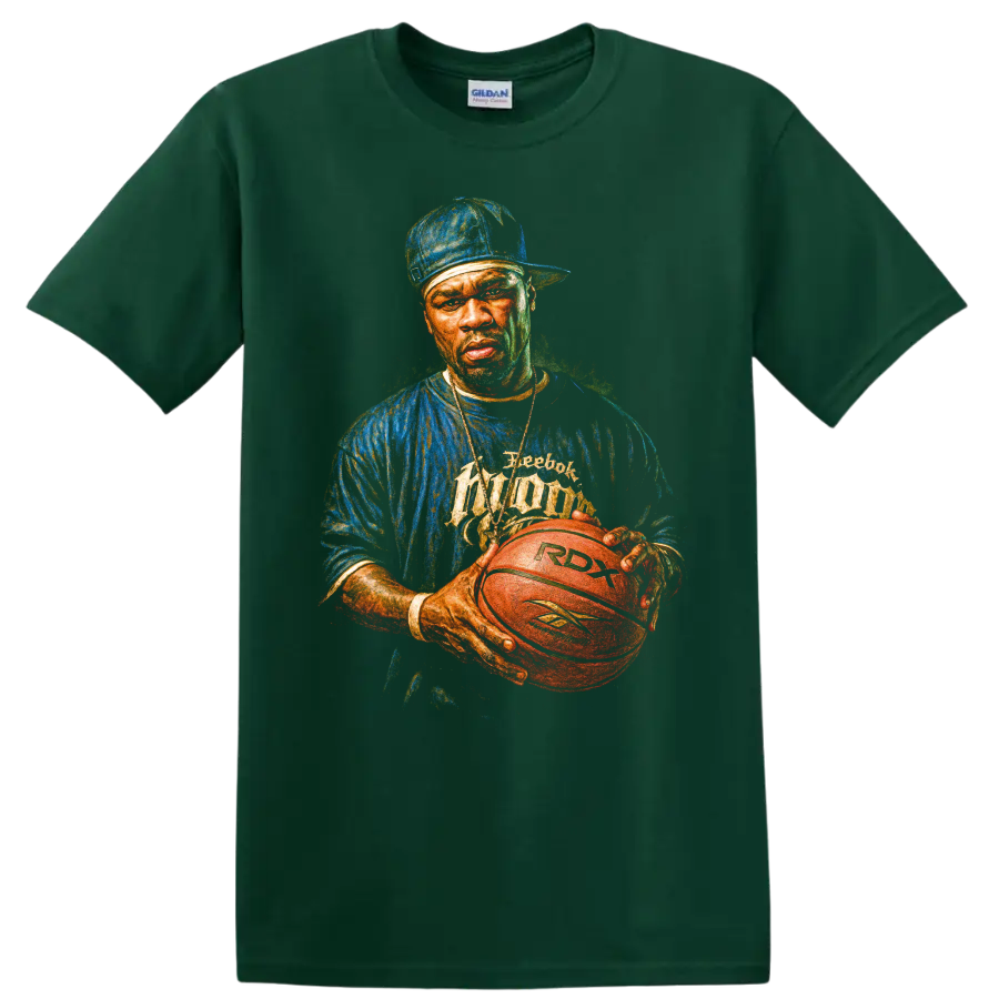 50 Cent hip-hop portrait holding a Reebok RDX basketball graphic on a Forest Green T Shirt