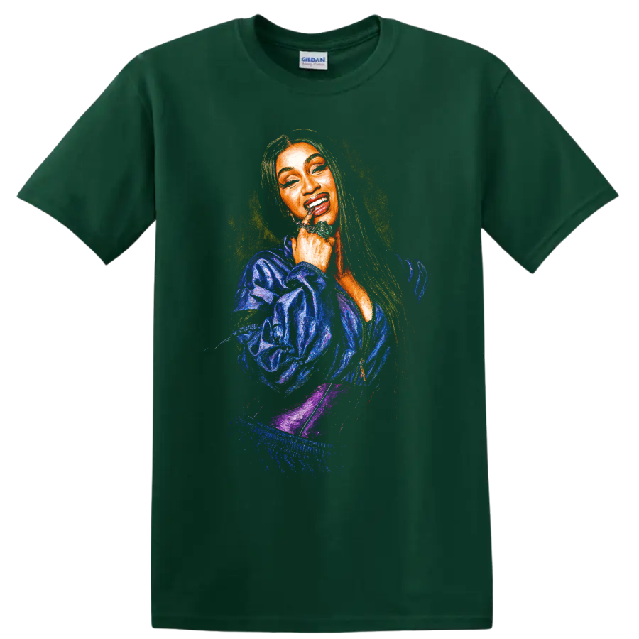 Cardi B pop art digital portrait with vibrant colors on a Forest Green T Shirt