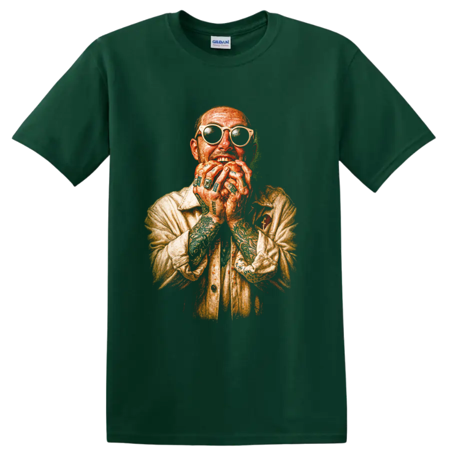 Mac Miller colored-pencil portrait with sunglasses and tattooed hands on a Forest Green T Shirt