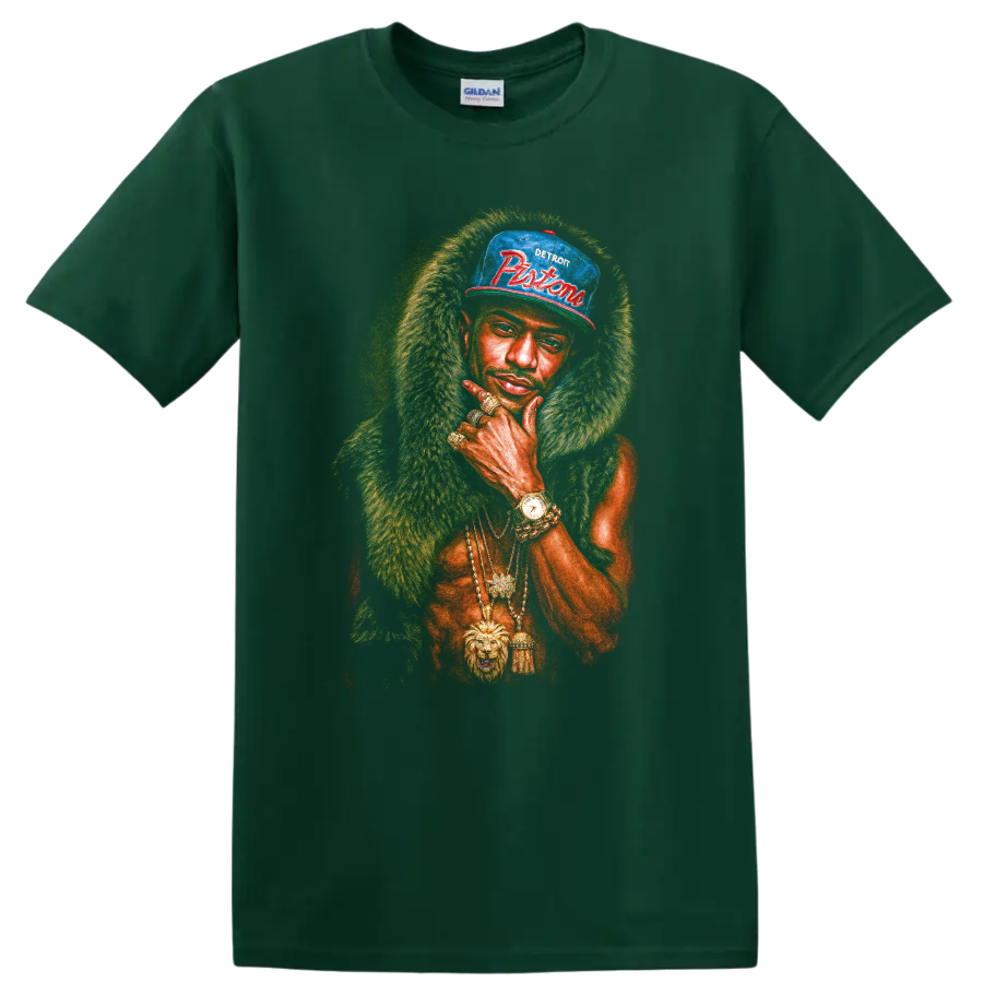 R. Kelly portrait graphic with Detroit Pistons cap and gold jewelry on a Forest Green T Shirt