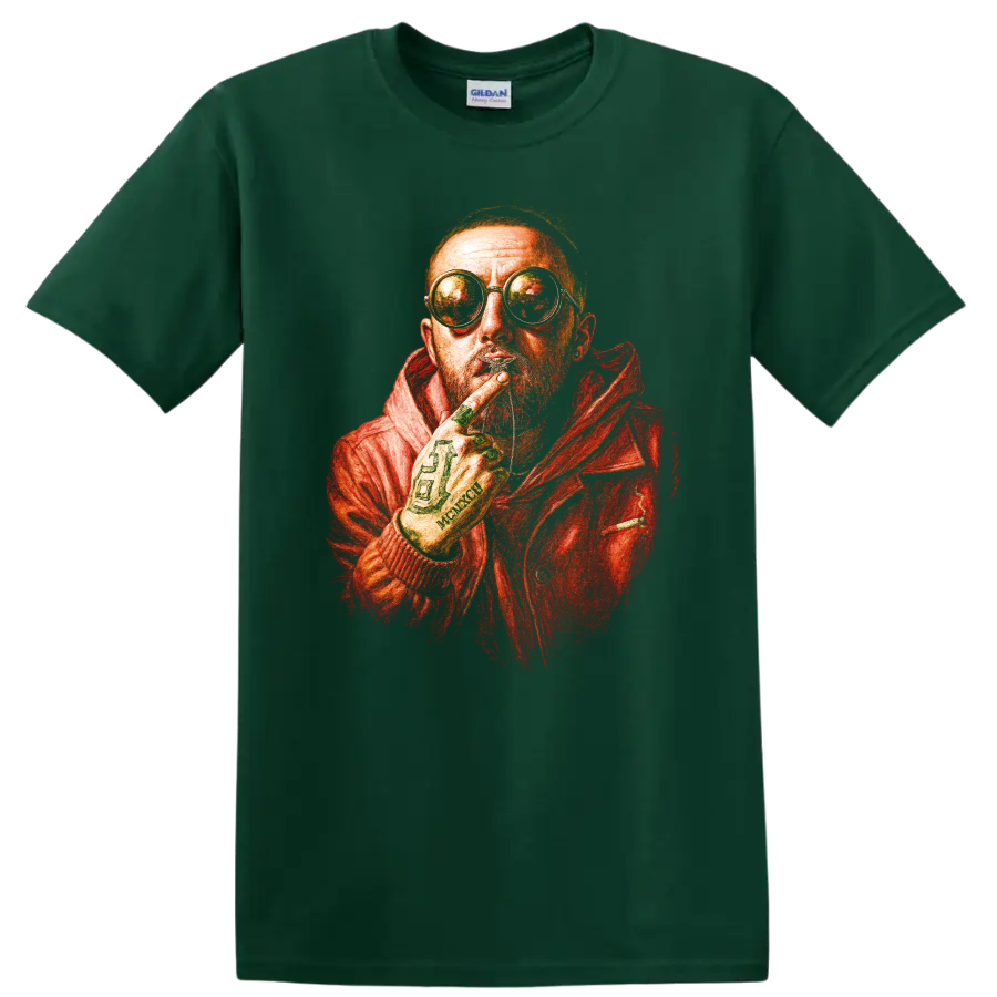 Mac Miller red-orange hip-hop portrait with round glasses on a Forest Green T Shirt