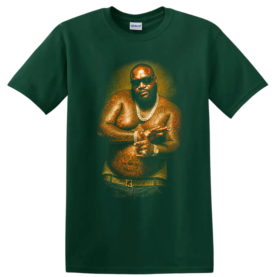 Rick Ross illustrated hip-hop portrait with sunglasses and jewelry on a Forest Green T Shirt