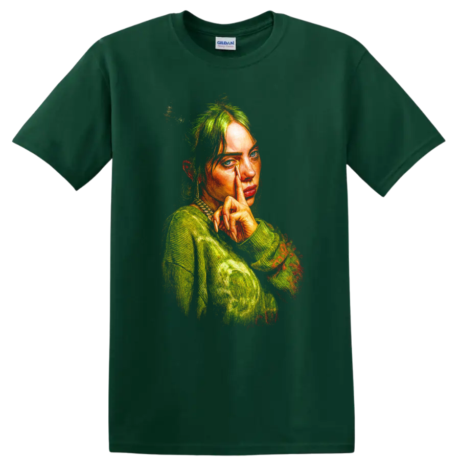 Billie Eilish pointillist portrait fan art in vivid green and orange tones on a Forest Green T Shirt