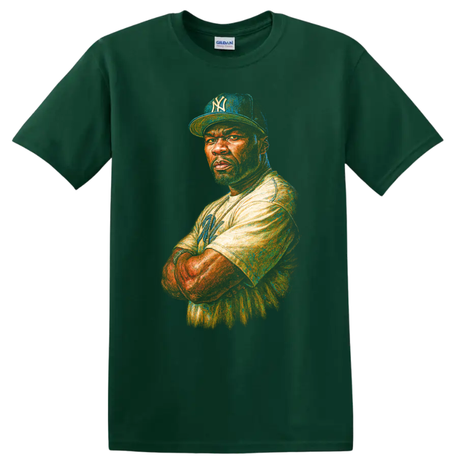 Colorful painterly portrait of 50 Cent wearing a Yankees cap on a Forest Green T Shirt