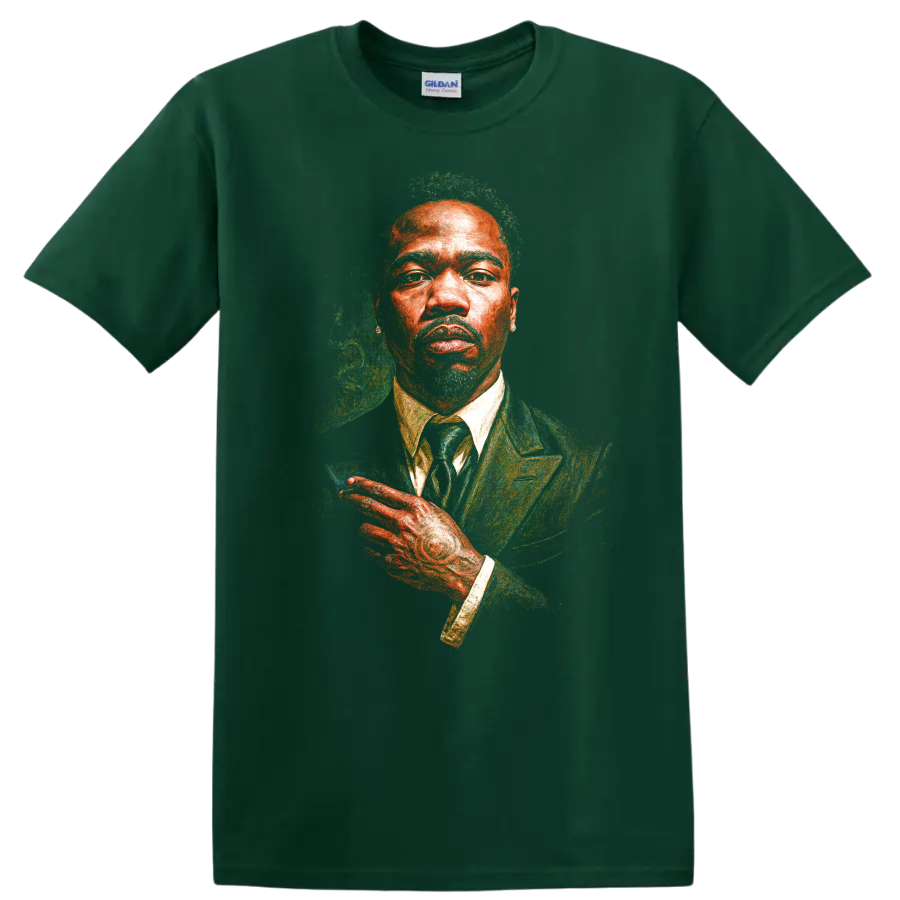 Pusha T stylized portrait artwork in a suit with vivid painterly texture on a Forest Green T Shirt