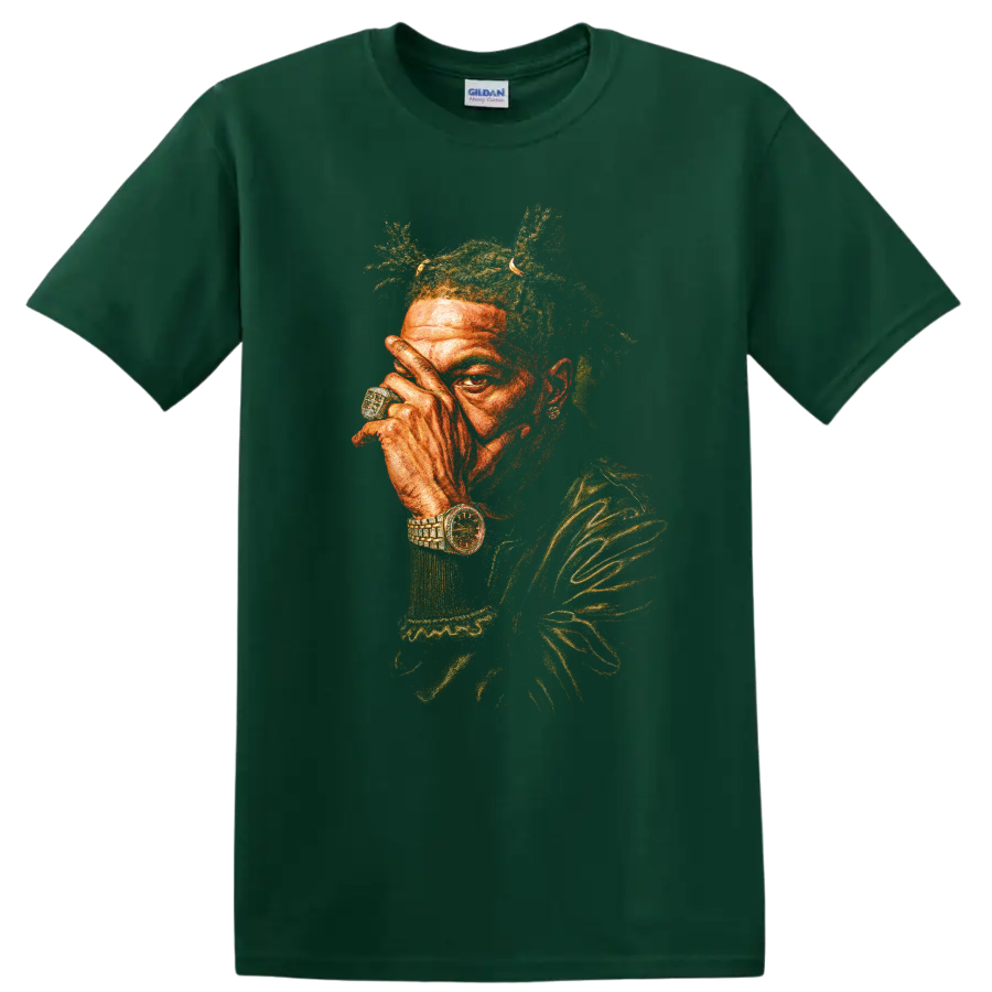 Boko Yout hip-hop portrait with vivid textured colors and jewelry on a Forest Green T Shirt