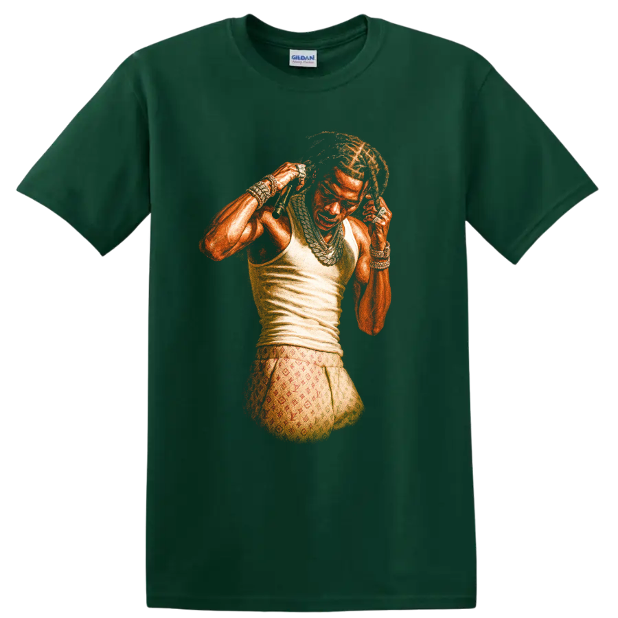 Playboi Carti portrait in vivid orange hip-hop graphic style on a Forest Green T Shirt