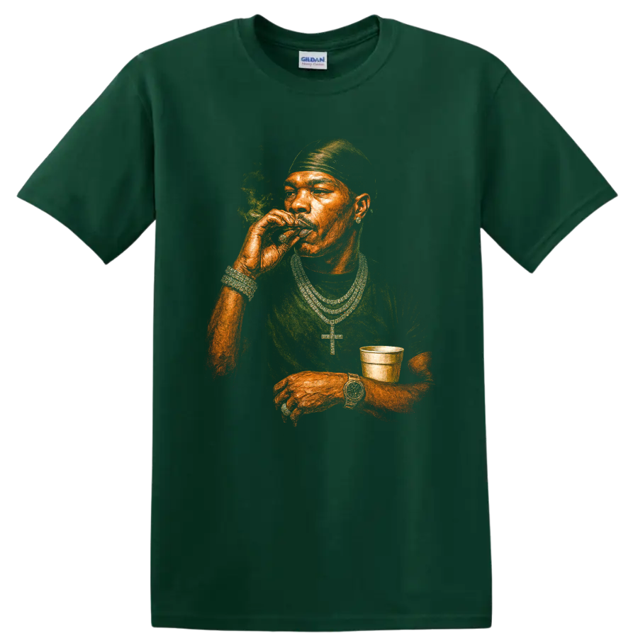 Bandana P hip-hop portrait graphic with bandana, chains, smoke, and cup on a Forest Green T Shirt