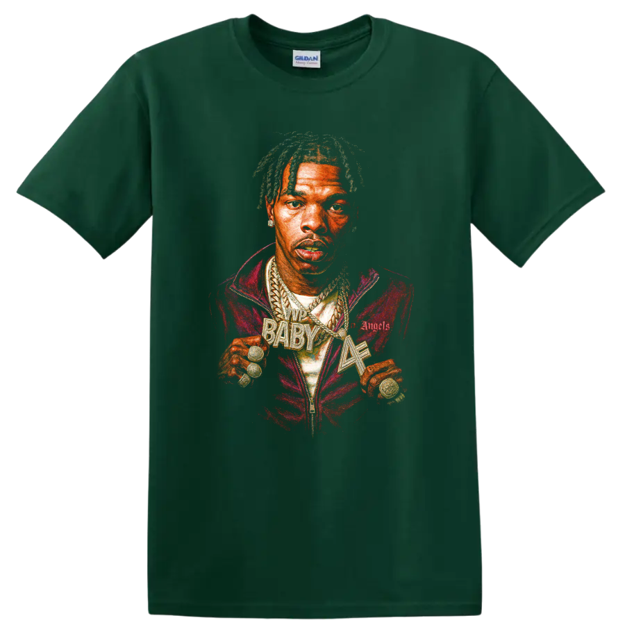 Lil Baby portrait graphic with vivid red and gold hip-hop streetwear styling on a Forest Green T Shirt