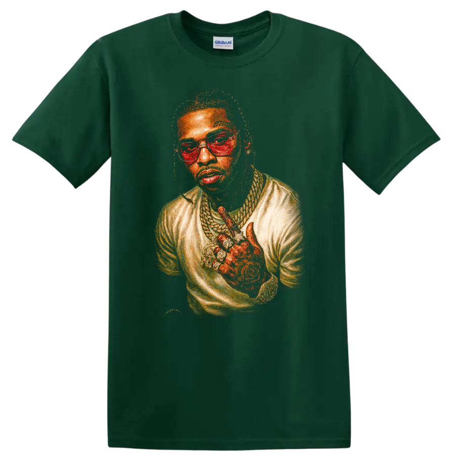 Pop Smoke Brooklyn drill illustrated portrait with glasses and layered jewelry on a Forest Green T Shirt