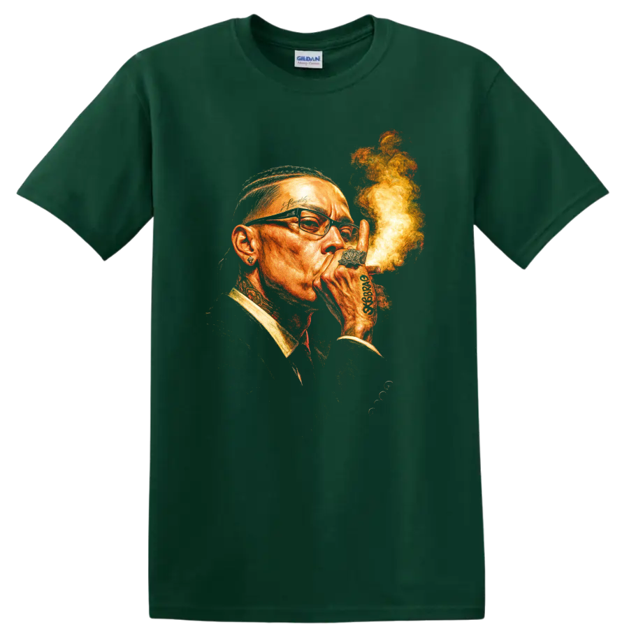 Rick Ross tattooed portrait graphic with glasses, jewelry, and smoke on a Forest Green T Shirt