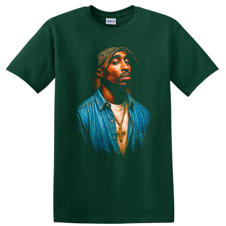 Tupac Shakur digital portrait in vivid hip-hop pop-art style on a Forest Green T Shirt
