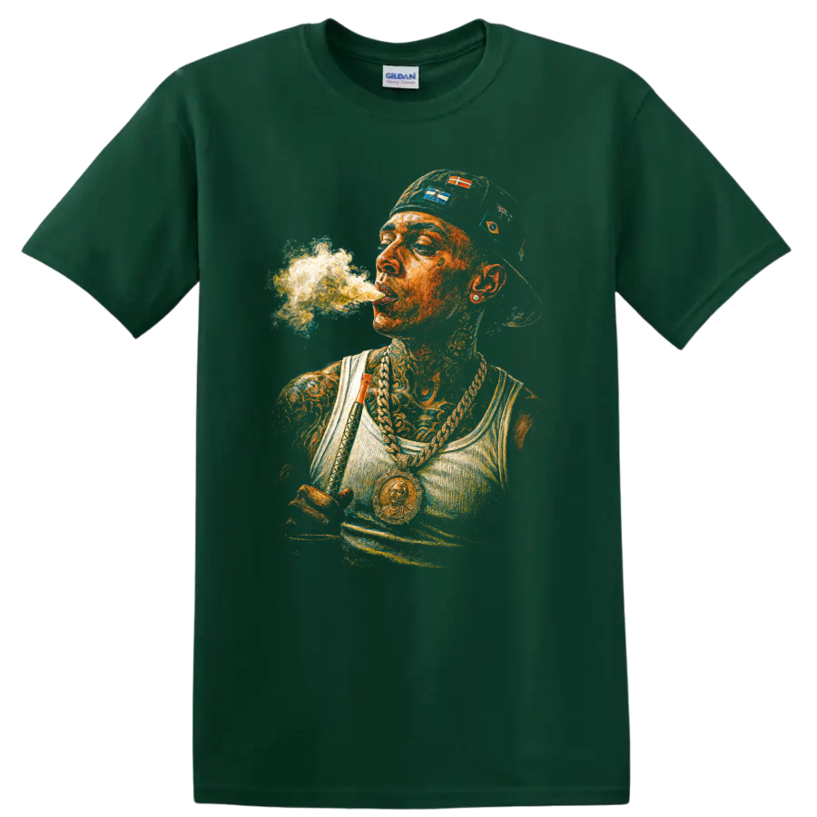 Central Cee UK drill portrait with tattoos, chains, cap, and smoke on a Forest Green T Shirt