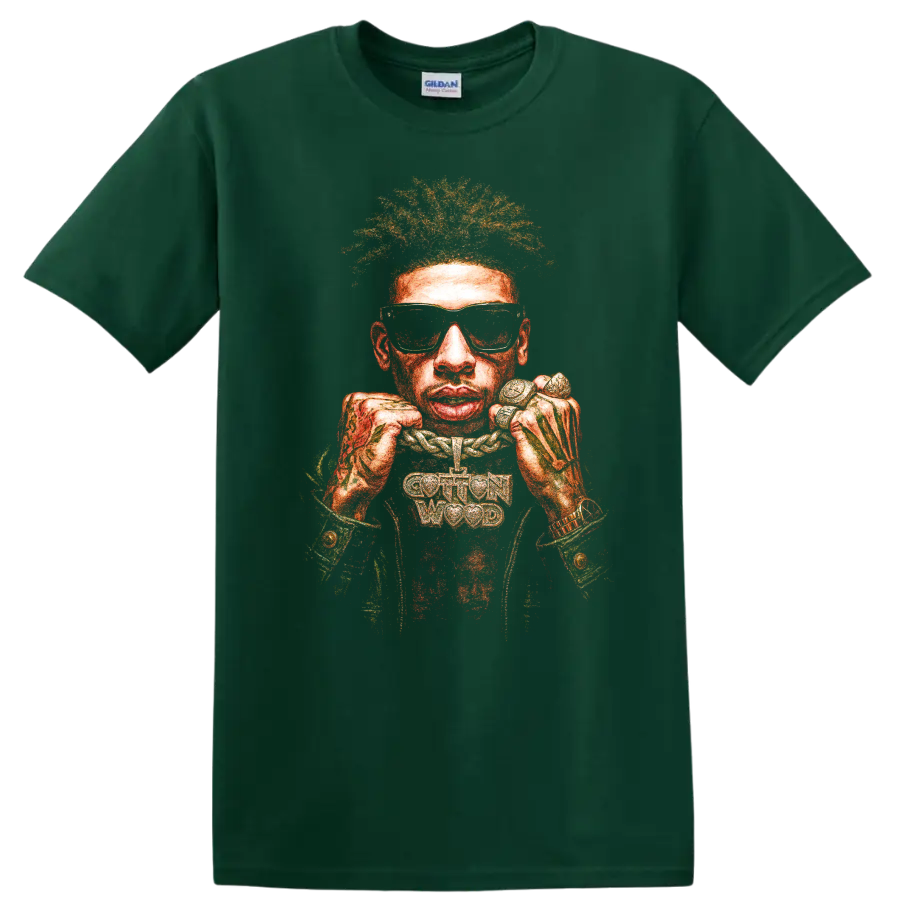 Kodak Black hip-hop portrait graphic with sunglasses and jewelry on a Forest Green T Shirt