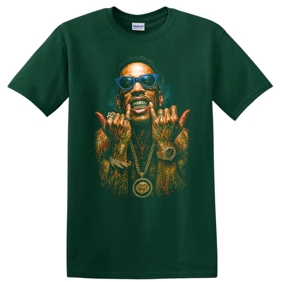Tyga colorful hip-hop portrait with blue glasses and bold street-art style on a Forest Green T Shirt