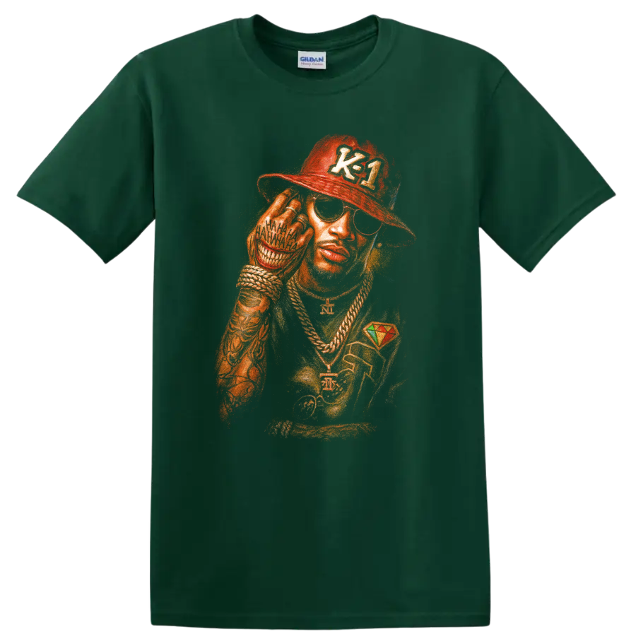 Future hip-hop stylized portrait with red cap, sunglasses, and gold chains on a Forest Green T Shirt