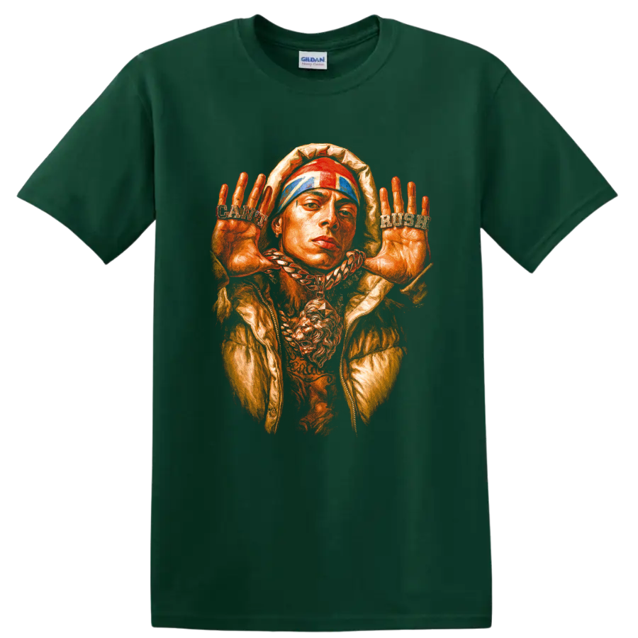 Central Cee UK drill portrait graphic with raised hands and bold streetwear style on a Forest Green T Shirt