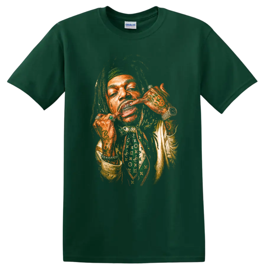 Lil Wayne stylized hip-hop portrait graphic print on a Forest Green T Shirt